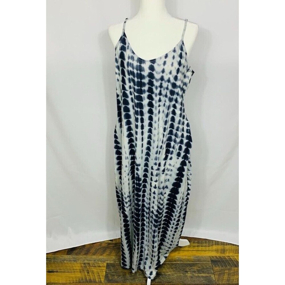 Ours Womens Dress Large L Spaghetti Maxi Blue Pockets Soft Scoop Neck Summer